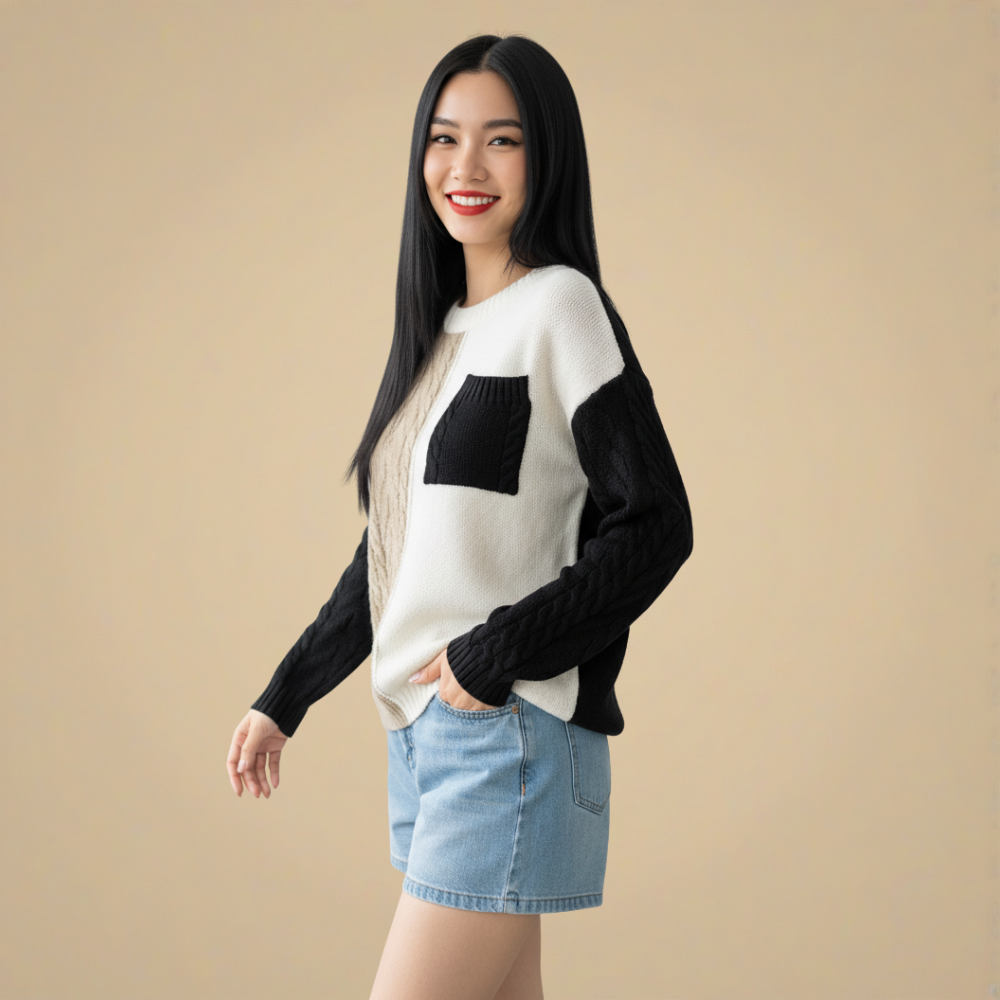 Casual O-hals Patchwork Gebreide Trui Jelle Jora Mode