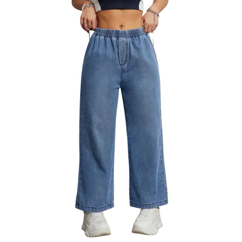 Denim broek met wijde pijpen en elastische taille
