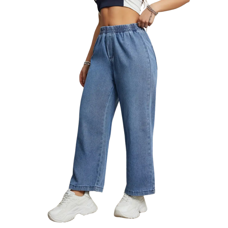 Denim broek met wijde pijpen en elastische taille