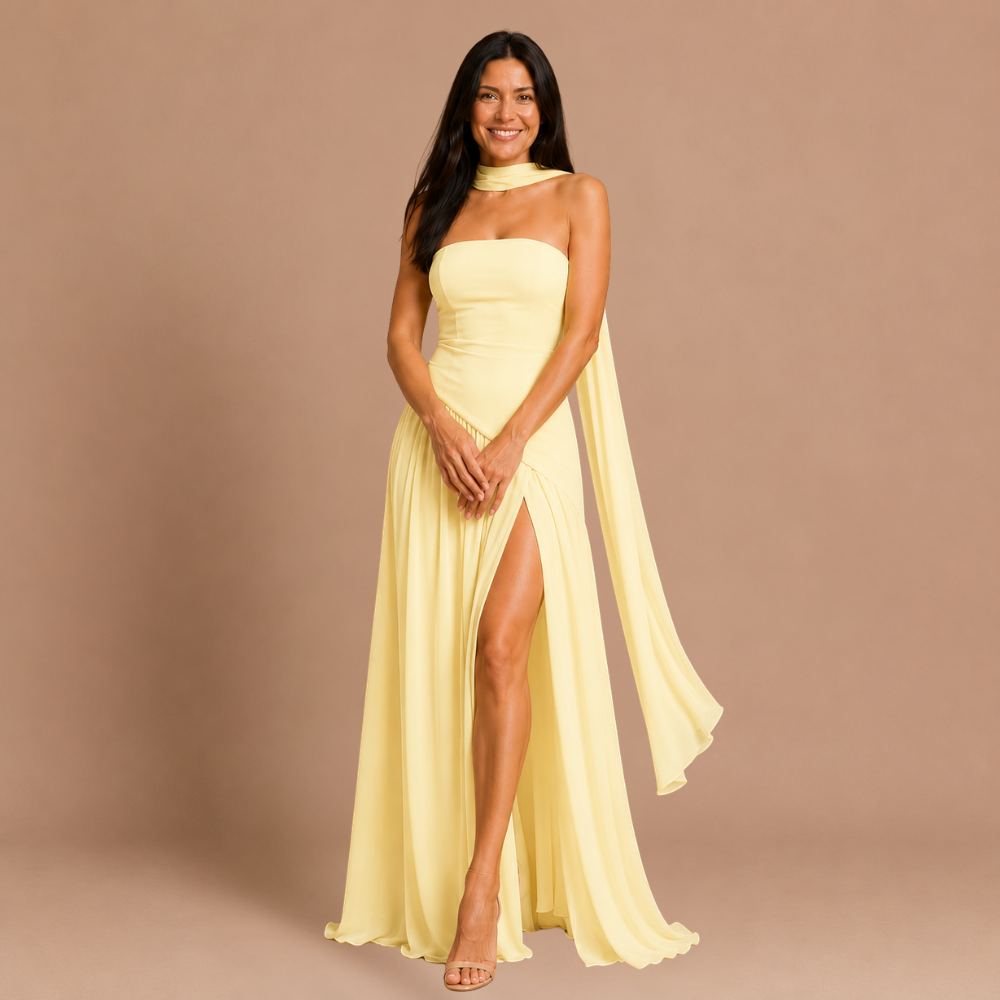 Dames strapless maxi-jurk met hoge split Jelle Jora Mode
