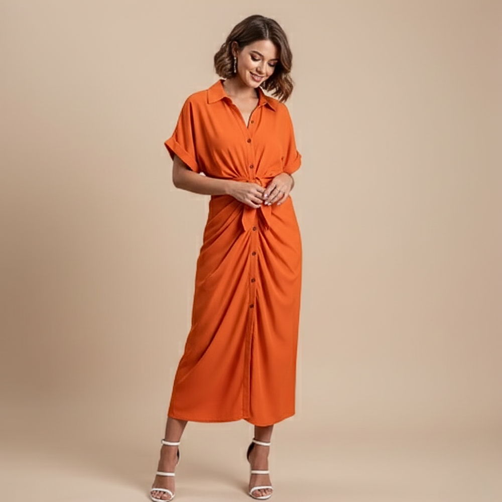 Minimalistische midi-jurk met ruches en strikbandjes voor dames Jelle Jora Mode