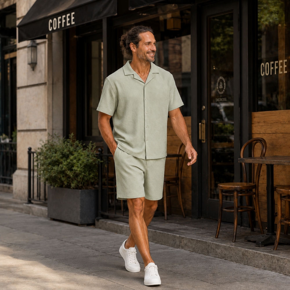 Heren set met overhemd met relaxte revers en korte broek Jelle Jora Mode
