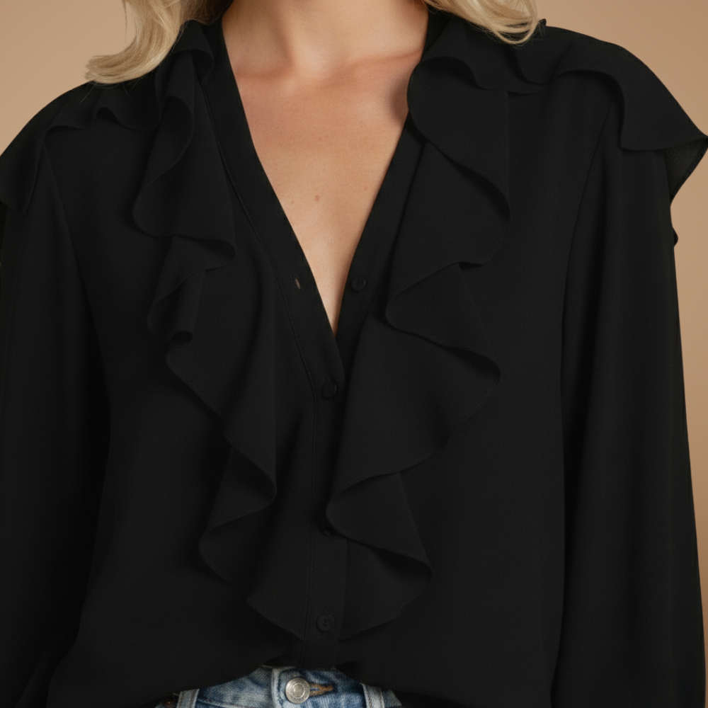 Damesblouse met lange mouwen en ruches aan de kraag