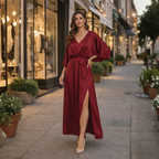 Elegante midi-jurk met V-hals split en strikceintuur Jelle Jora Mode