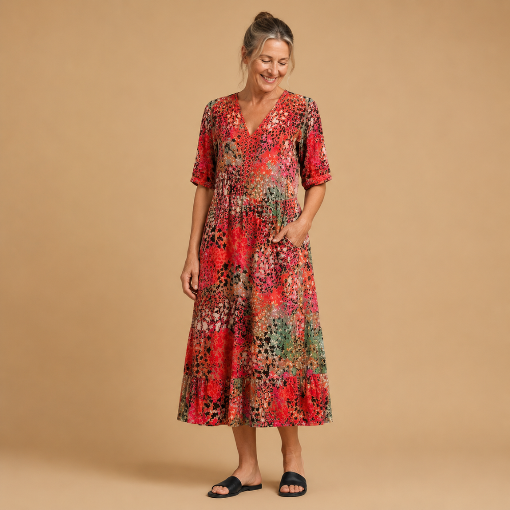 Damesmidi-jurk met bloemenprint en V-hals Jelle Jora Mode