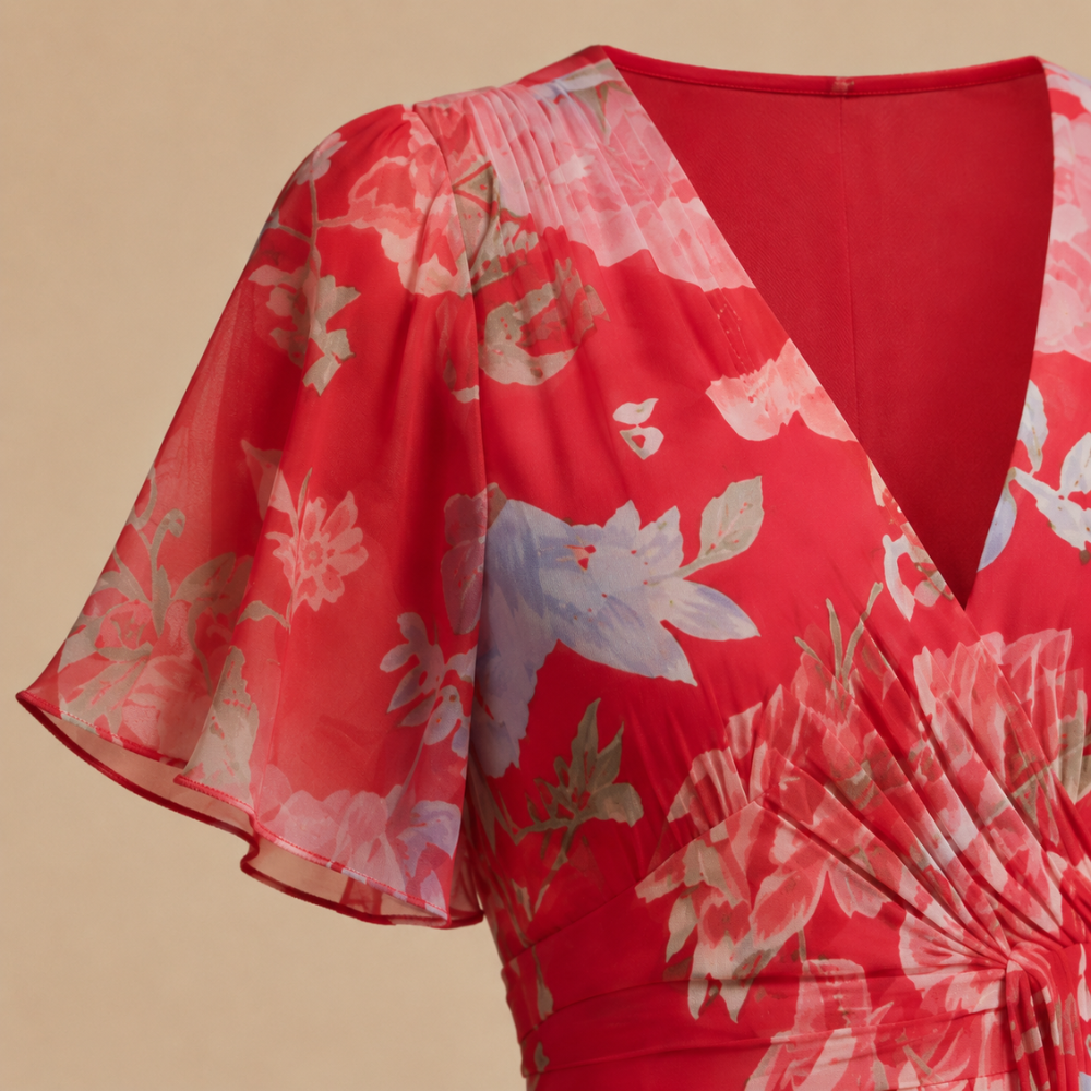 Dames midi-jurk met bloemendesign en V-hals met empire-taille Jelle Jora Mode