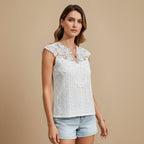 Lacey Patchwork V-hals Mouwloze Top Jelle Jora Mode