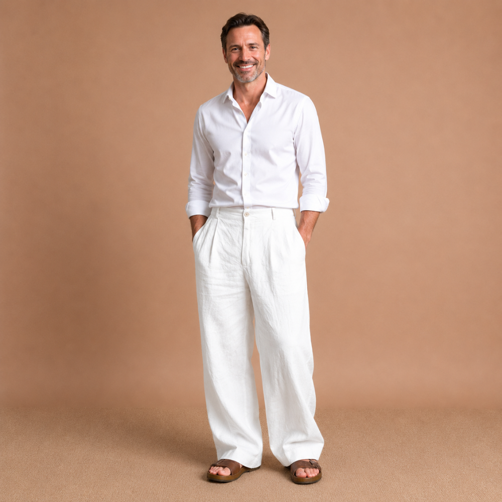 Heren casual broek met relaxte pasvorm en wijde pijpen Jelle Jora Mode