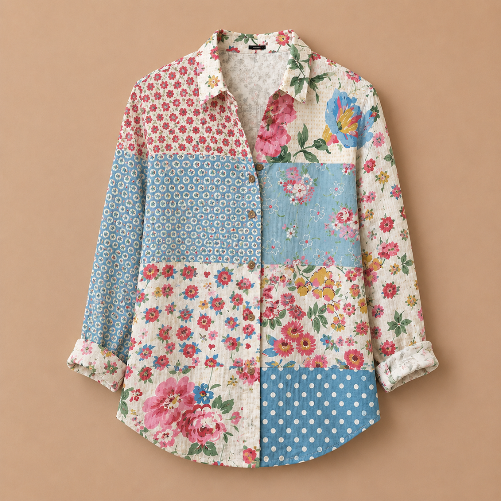 Dames casual blouse met lange mouwen patroon en knoopsluiting Jelle Jora Mode