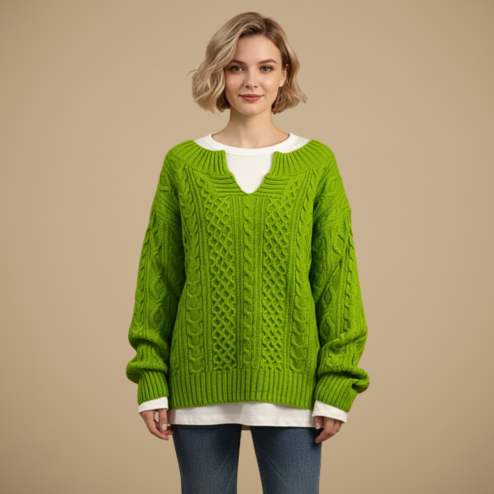 Dames trui met dikke kabels en inkeping in de kraag Jelle Jora Mode
