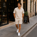 Heren casual zomerse set met gestructureerde poloshort Jelle Jora Mode
