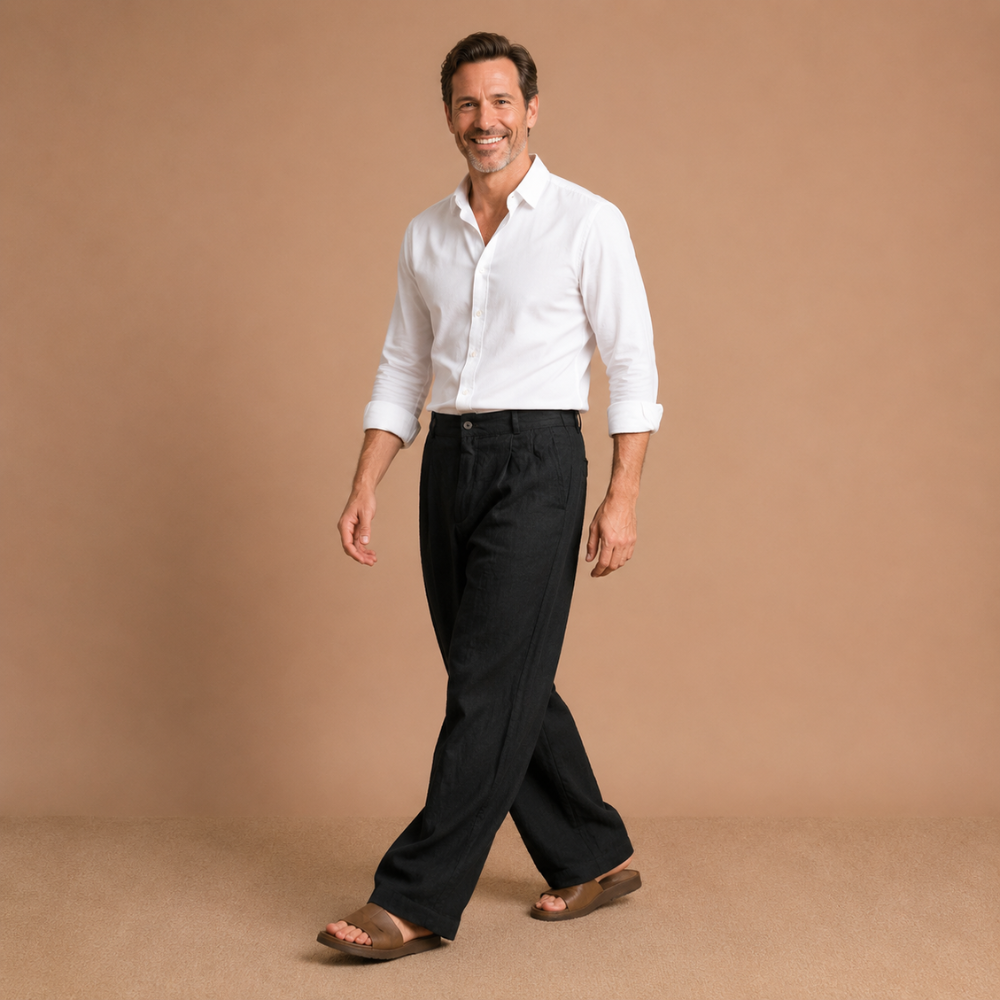 Heren casual broek met relaxte pasvorm en wijde pijpen Jelle Jora Mode