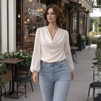 Dames casual blouse met gedrapeerde hals en pofmouwen Jelle Jora Mode