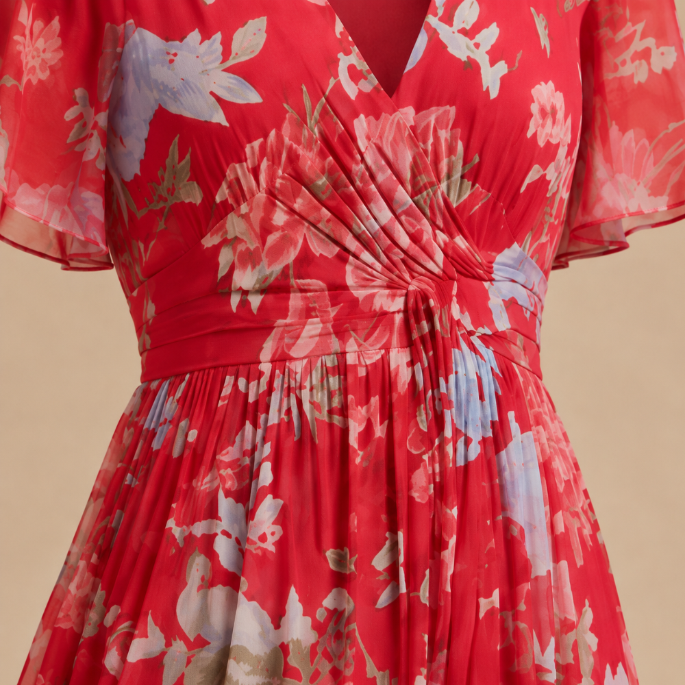Dames midi-jurk met bloemendesign en V-hals met empire-taille Jelle Jora Mode