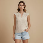 Lacey Patchwork V-hals Mouwloze Top Jelle Jora Mode