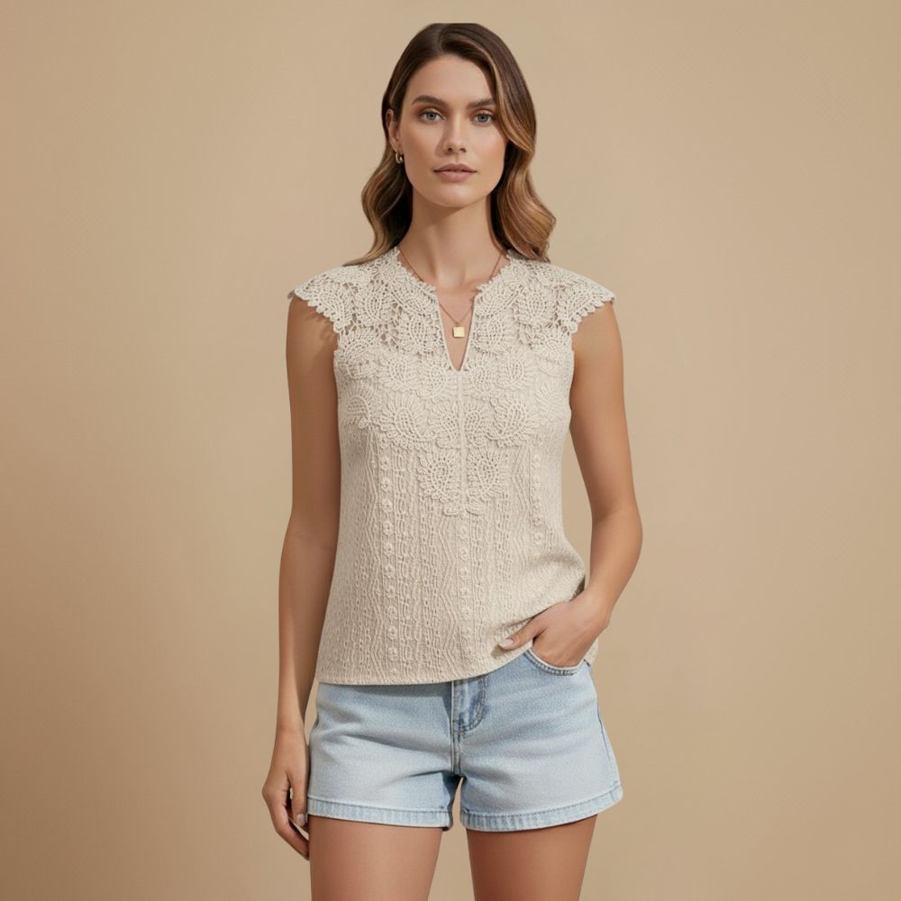 Lacey Patchwork V-hals Mouwloze Top Jelle Jora Mode