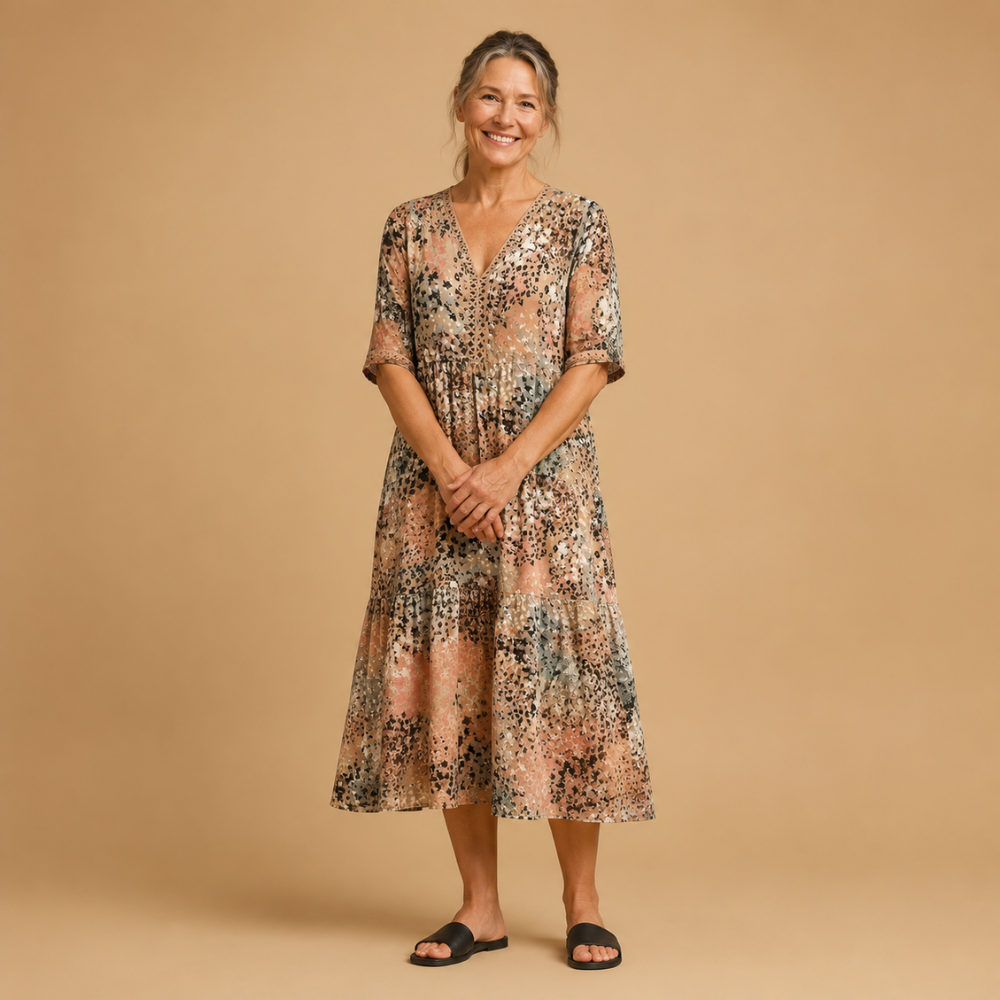 Damesmidi-jurk met bloemenprint en V-hals Jelle Jora Mode