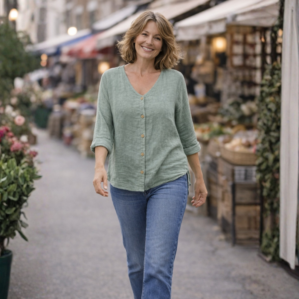 Dames casual blouse met losse pasvorm v-hals knopen en lange mouwen Jelle Jora Mode