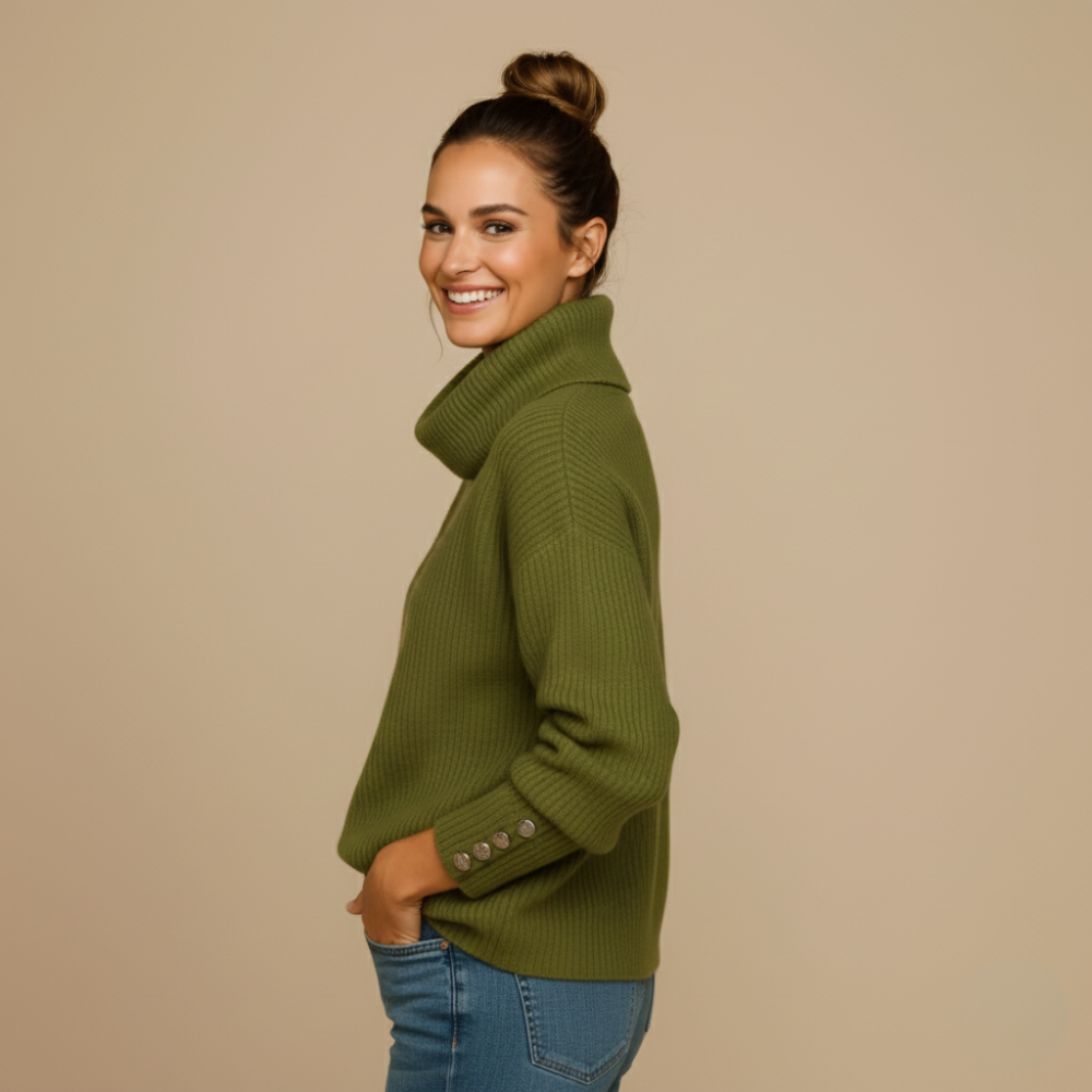 Dames turtleneck gebreide trui – knopenontwerp Jelle Jora Mode