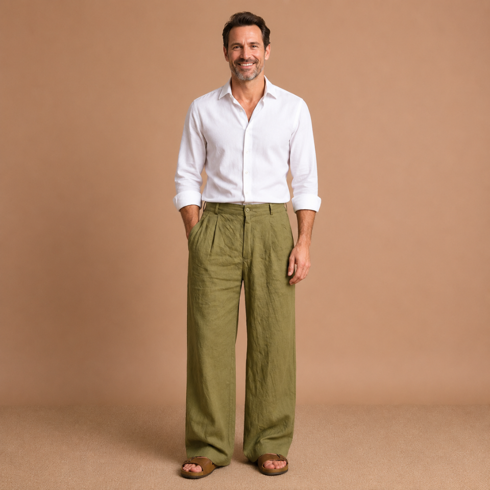 Heren casual broek met relaxte pasvorm en wijde pijpen Jelle Jora Mode