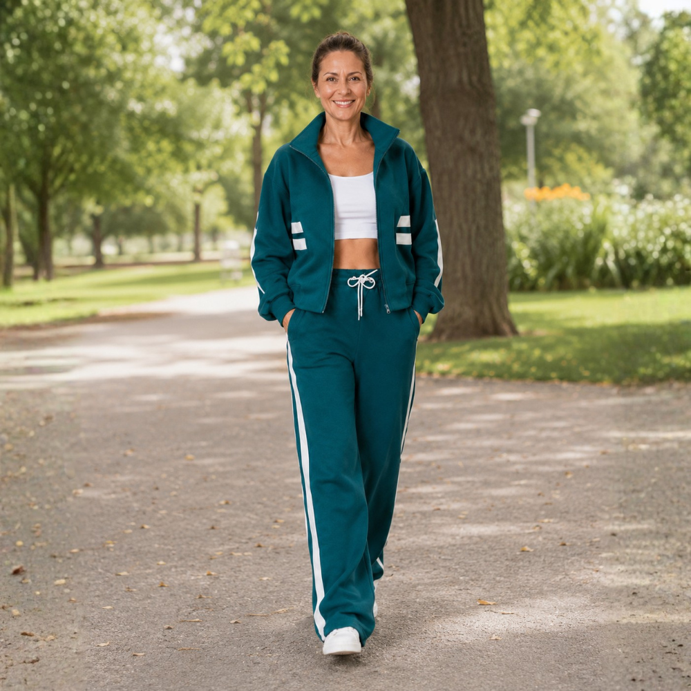 Dames gestreepte trainingsset met ritssluiting Jelle Jora Mode