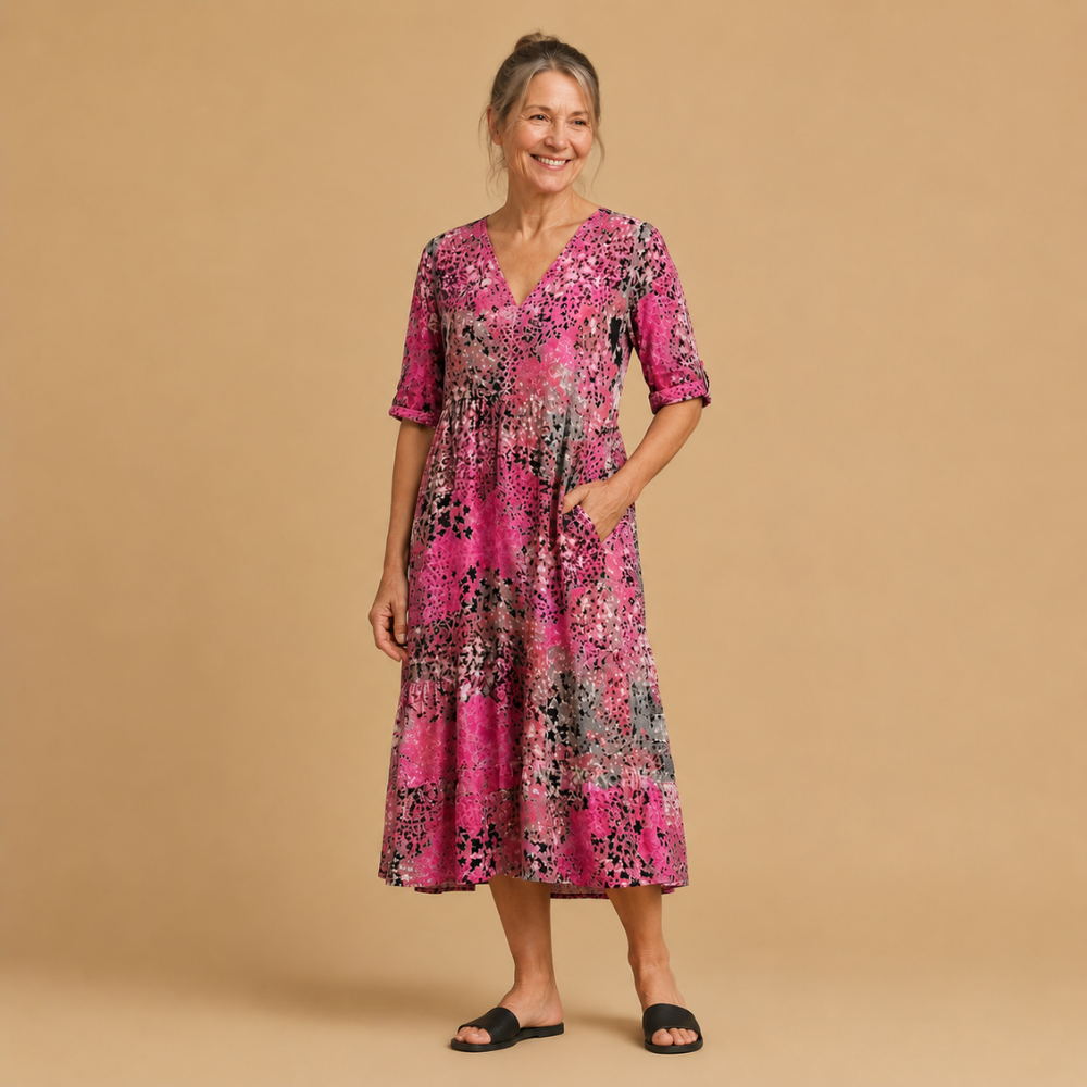 Damesmidi-jurk met bloemenprint en V-hals Jelle Jora Mode