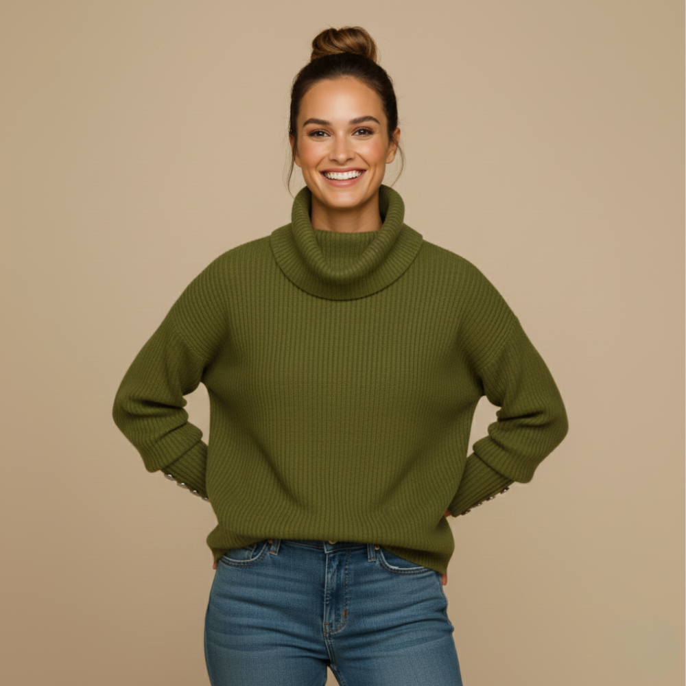 Dames turtleneck gebreide trui – knopenontwerp Jelle Jora Mode