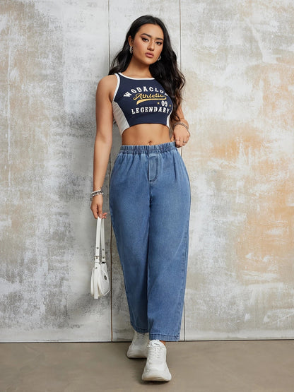 Denim broek met wijde pijpen en elastische taille Jelle Jora Mode