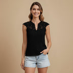 Lacey Patchwork V-hals Mouwloze Top Jelle Jora Mode