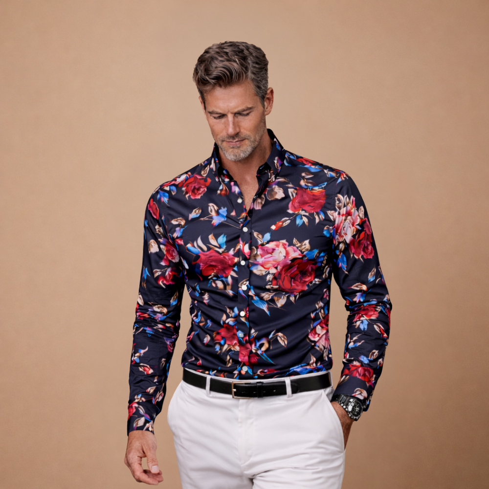 Heren shirt met bloemenprint lange mouwen en getailleerd model Jelle Jora Mode