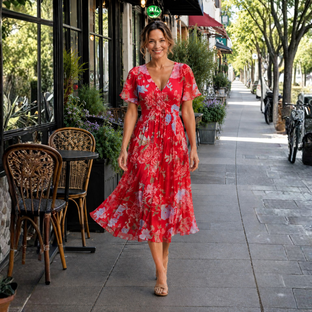 Dames midi-jurk met bloemendesign en V-hals met empire-taille Jelle Jora Mode