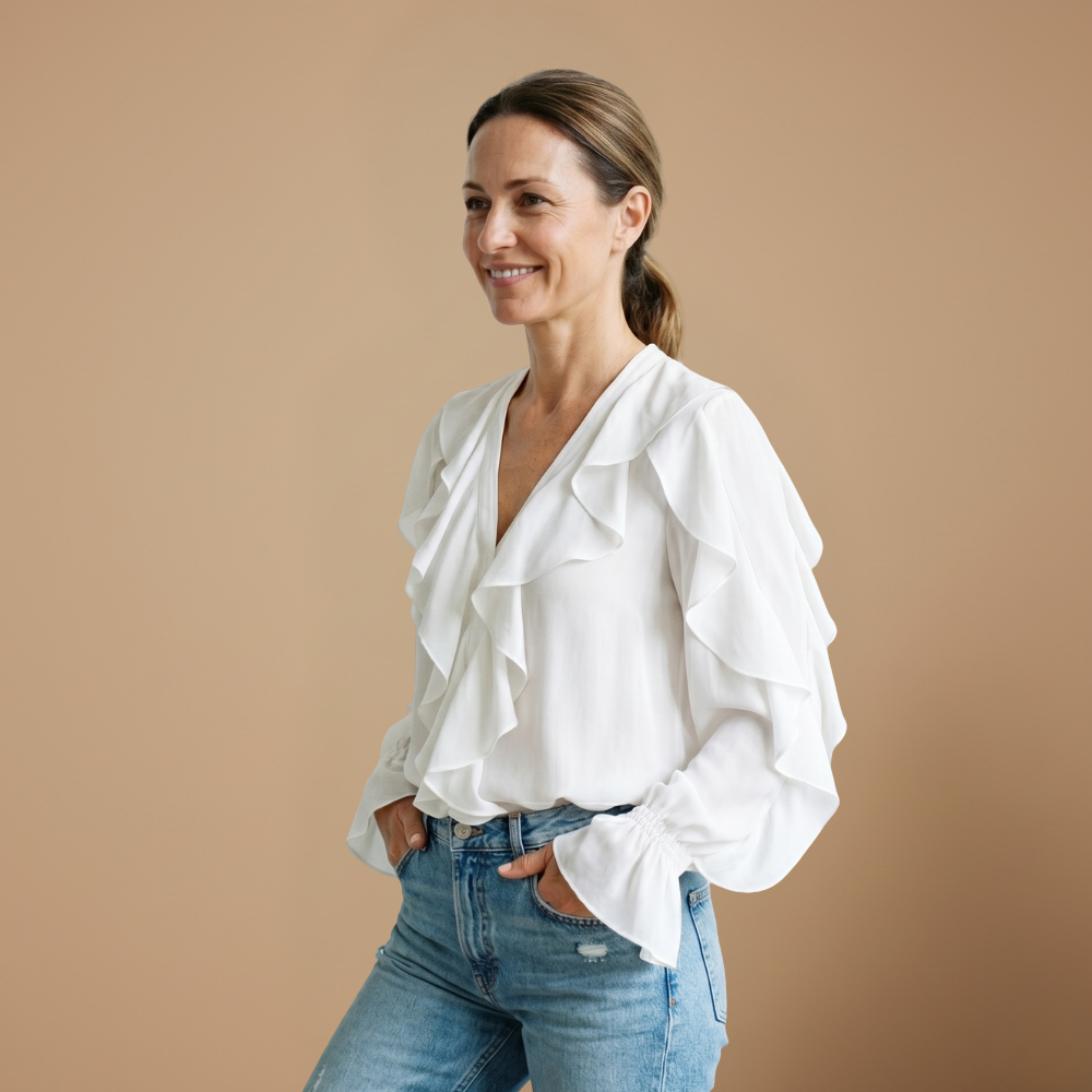 Damesblouse met ruches V-hals en lange mouwen Jelle Jora Mode