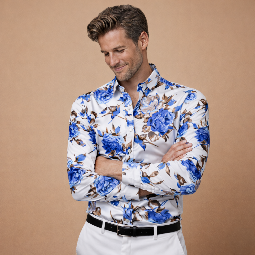 Heren shirt met bloemenprint lange mouwen en getailleerd model Jelle Jora Mode