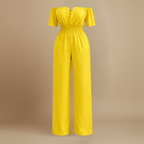 Dames off-shoulder jumpsuit met plooien en wijde pijpen Jelle Jora Mode