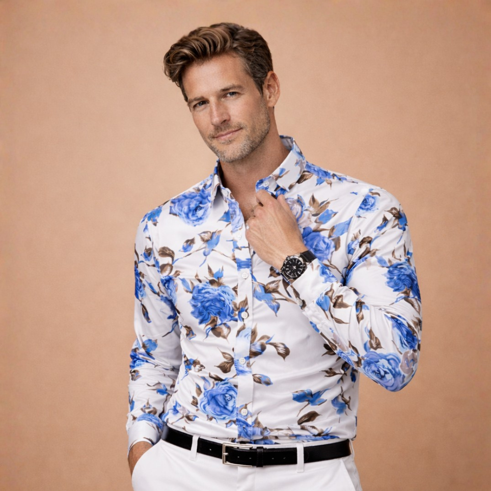 Heren shirt met bloemenprint lange mouwen en getailleerd model Jelle Jora Mode