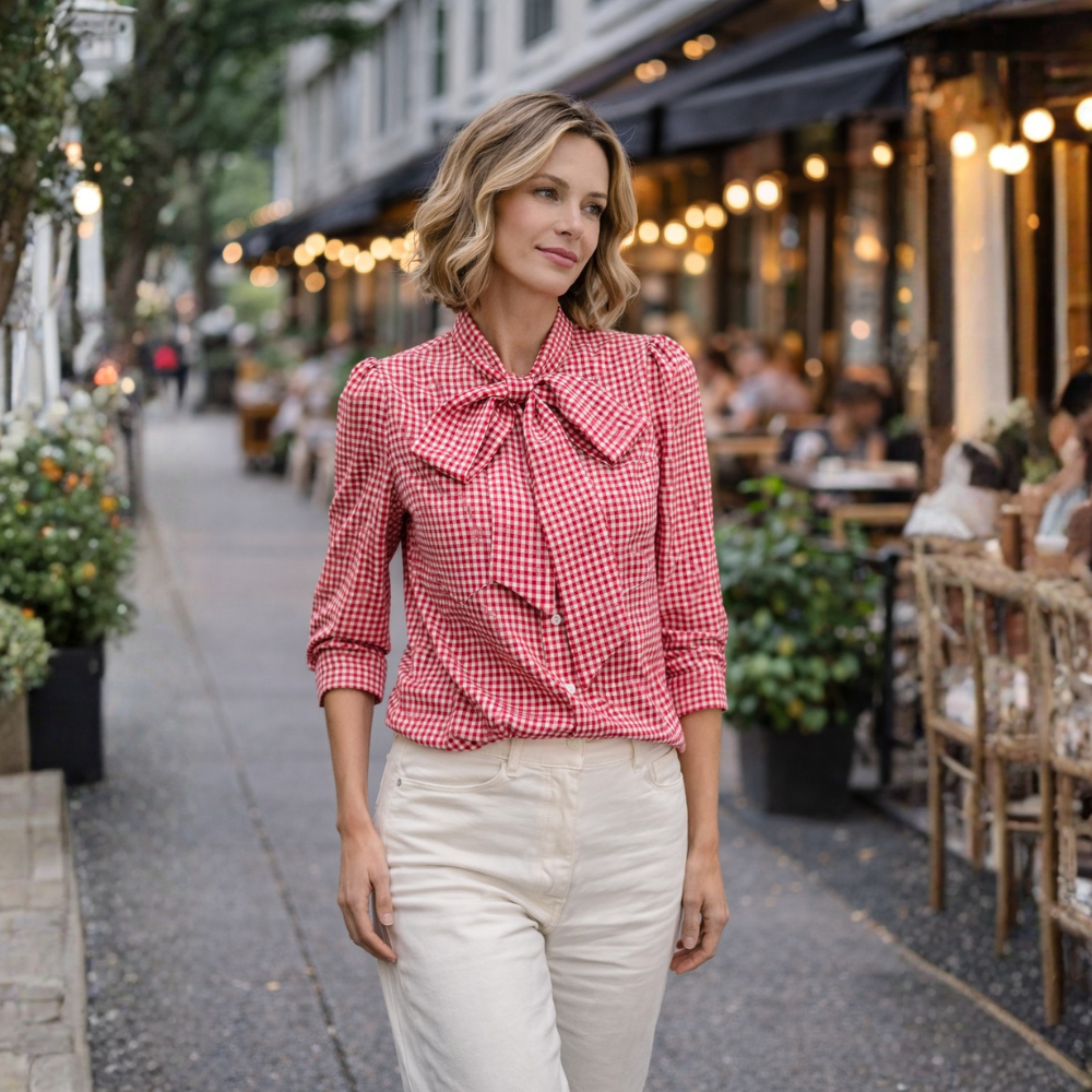Damesblouse met lange mouwen ruitjespatroon en strik Jelle Jora Mode