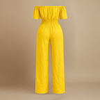 Dames off-shoulder jumpsuit met plooien en wijde pijpen Jelle Jora Mode