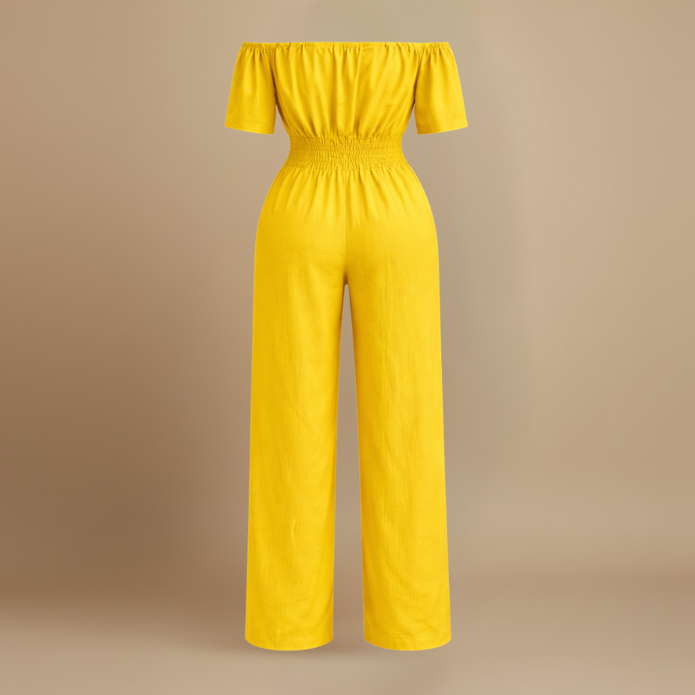 Dames off-shoulder jumpsuit met plooien en wijde pijpen Jelle Jora Mode