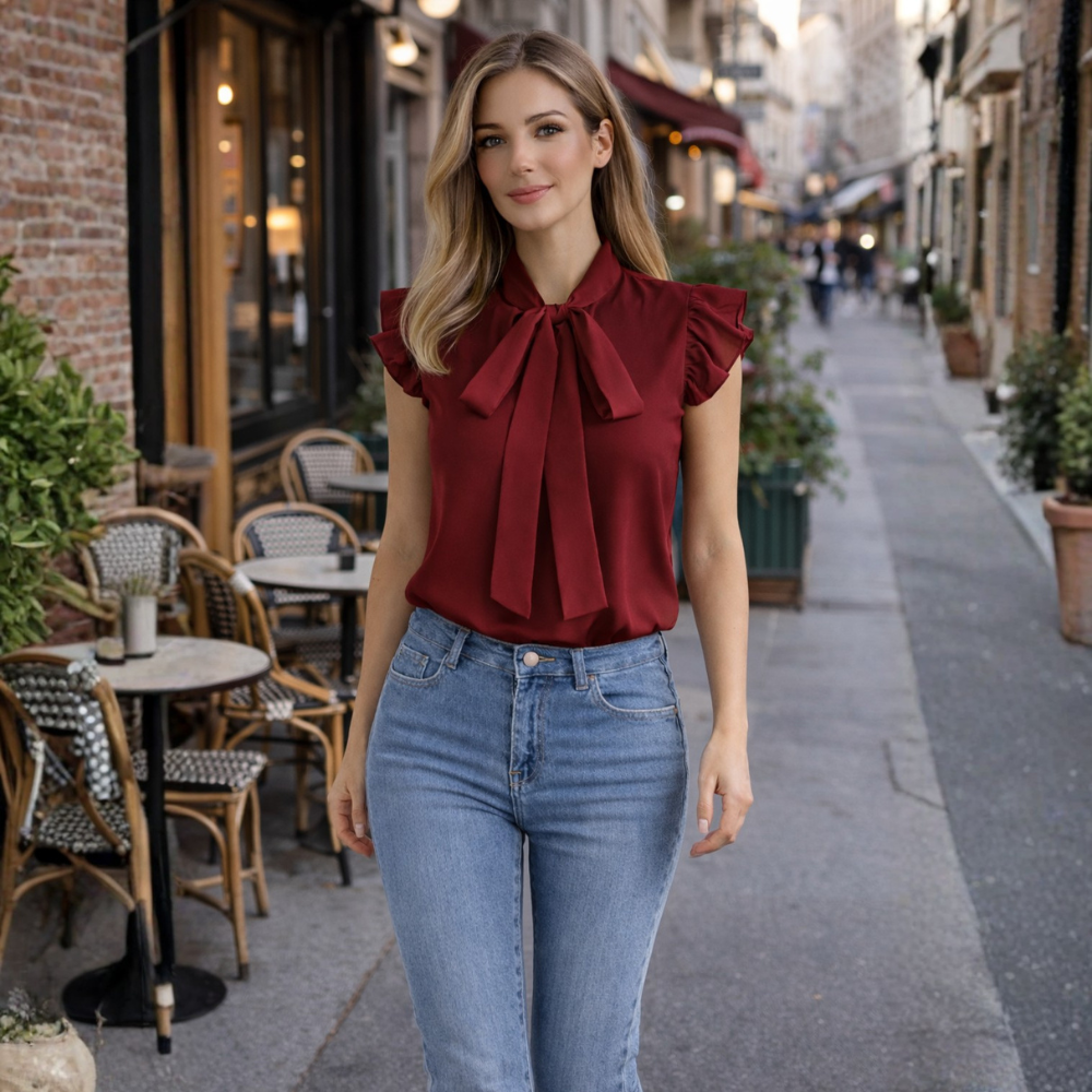 Dames elegante blouse met korte mouwen ruches en strikje Jelle Jora Mode