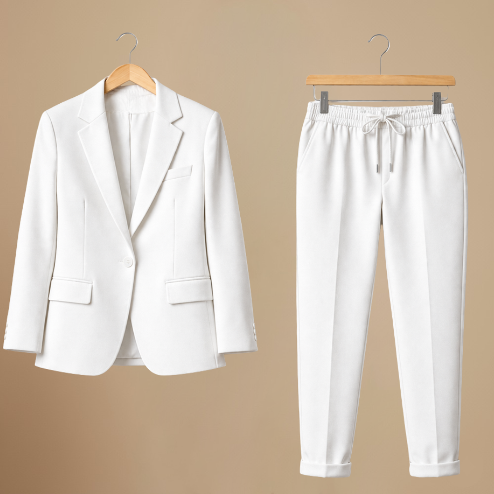 Effen kleurige kantoorpak blazer en joggingbroek set Jelle Jora Mode