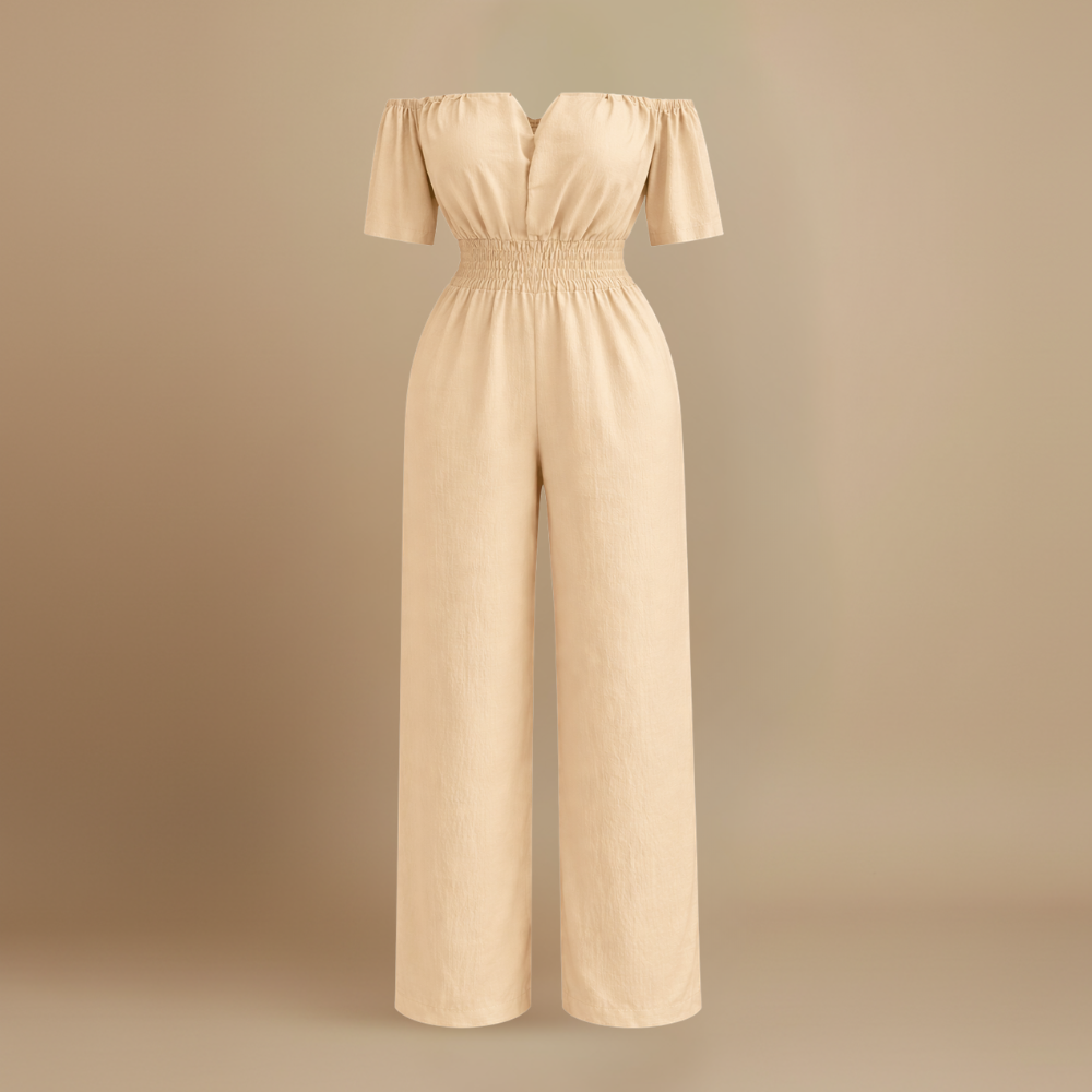 Dames off-shoulder jumpsuit met plooien en wijde pijpen Jelle Jora Mode