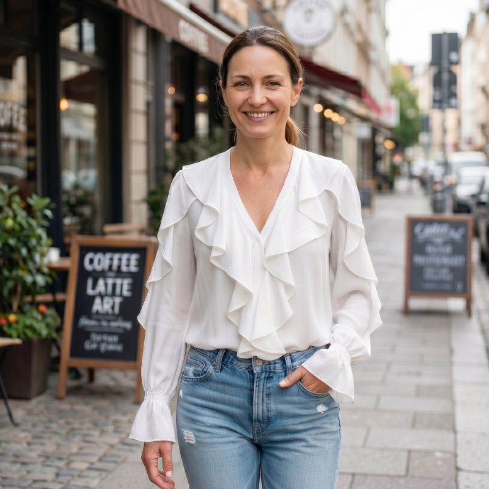 Damesblouse met ruches V-hals en lange mouwen Jelle Jora Mode