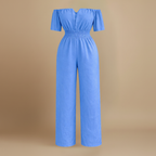Dames off-shoulder jumpsuit met plooien en wijde pijpen Jelle Jora Mode