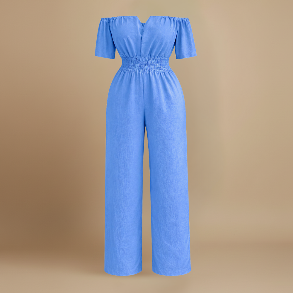 Dames off-shoulder jumpsuit met plooien en wijde pijpen Jelle Jora Mode