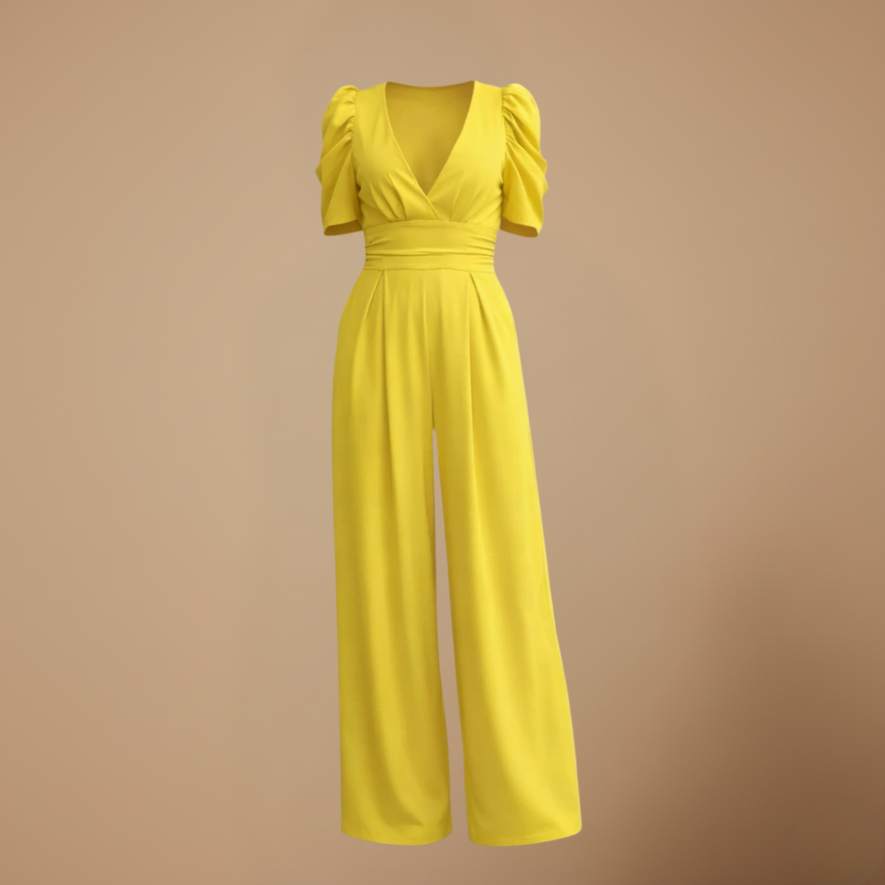 Jumpsuit met pofmouwen V-hals en wijde pijpen Jelle Jora Mode