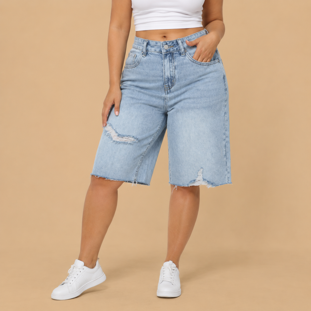 Dames bermudashorts van distressed denim met hoge taille Jelle Jora Mode