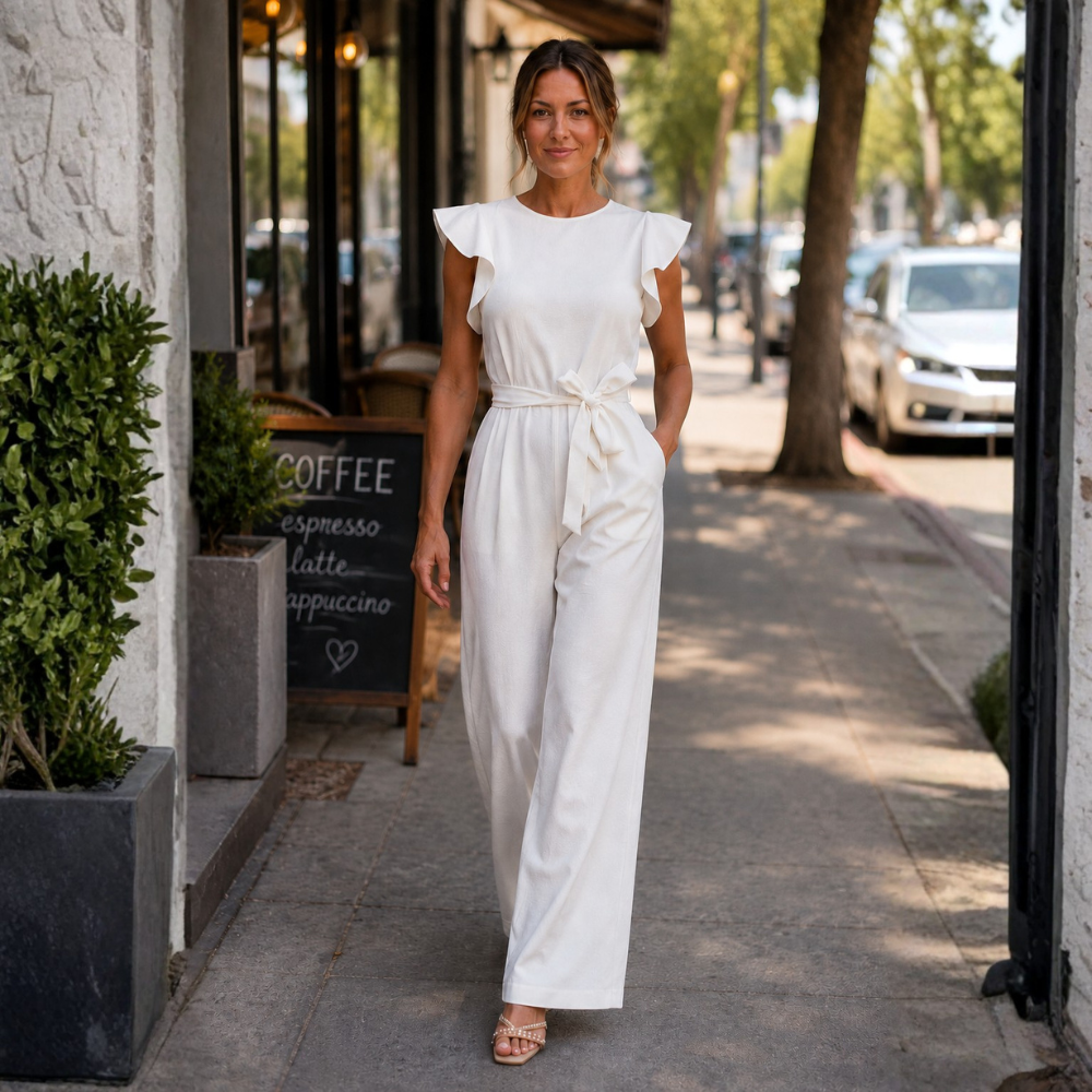 Dames jumpsuit met wijde pijpen gerimpelde mouwen en ceintuur Jelle Jora Mode