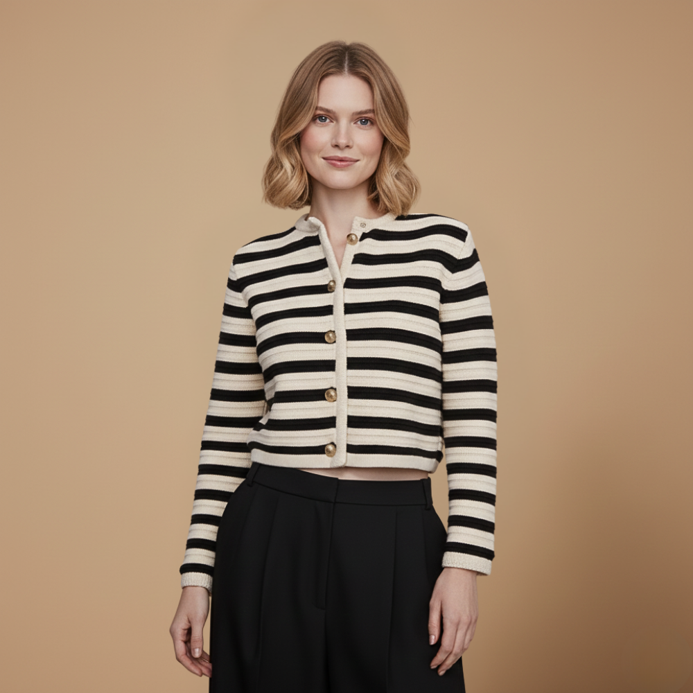Gestreepte korte gebreide cardigan met knopen voor dames Jelle Jora Mode