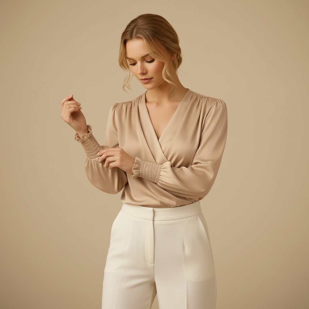 Damesblouse met V-hals en lantaarnmouwen Jelle Jora Mode