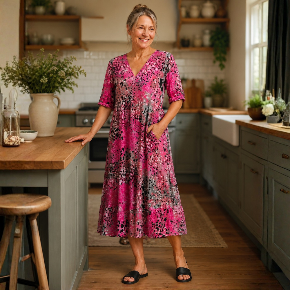 Damesmidi-jurk met bloemenprint en V-hals Jelle Jora Mode